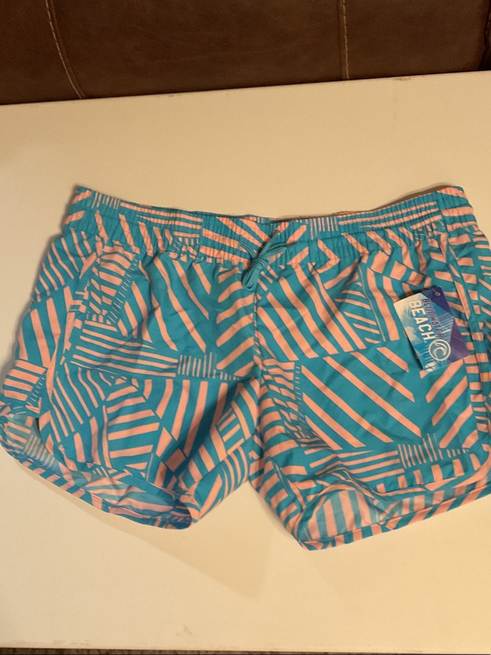 Women's Teal and Pink Geometric Athletic Shorts size xl (blue water beach)